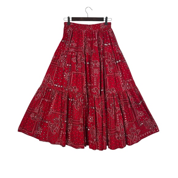 Vintage Dresses & Skirts - VINTAGE VRG SPORT Red Paisley Bandana Print Tiered Maxi Skirt Elastic Waist MED